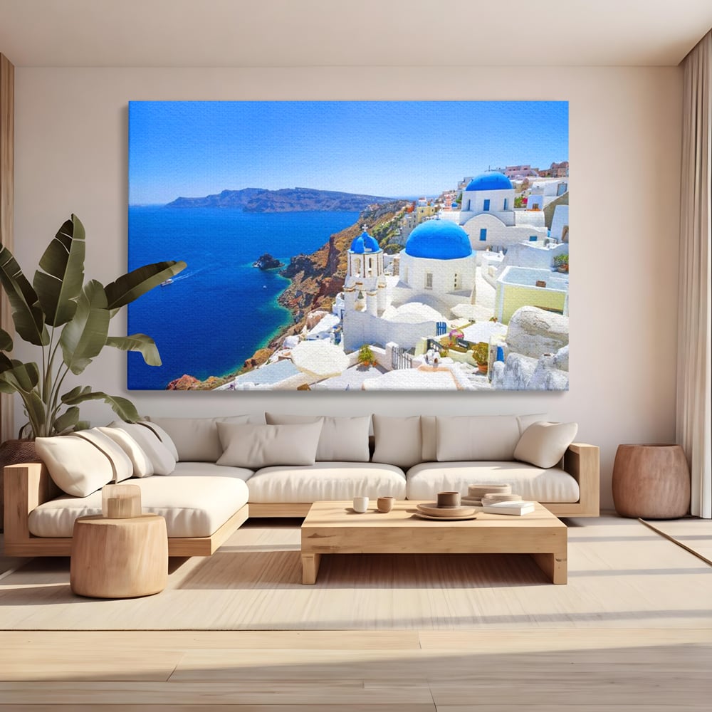Tablou canvas cu tablou canvas cu peisaj din santorini, fara rama, pe sasiu de lemn, pe perete intr-un living
